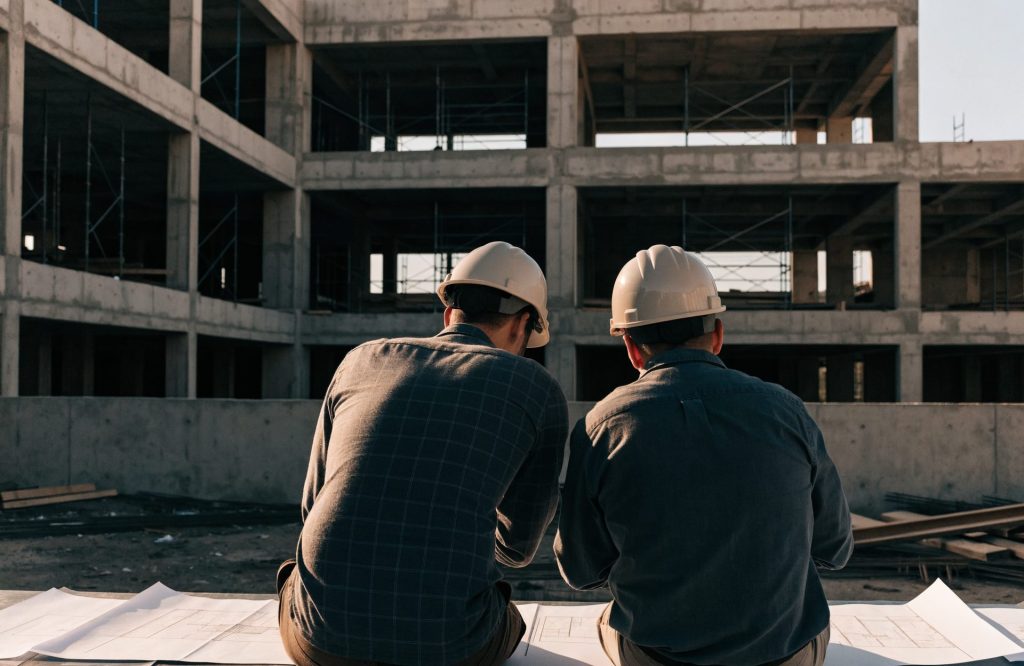 Inženjeri pregledaju projektnu dokumentaciju na gradilištu